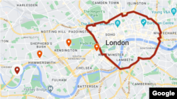 Zona de congestie a Londrei, delimitată cu roșu. Marcată cu punctul roșu este Ambasada Moldovei. Tot în afara zonei, marcate cu portocaliu, Consulatul român (în Hammersmith), Ambasada română (în Kensington) și Institutul Cultural Român (punctul cel mai apropiat de zonă).