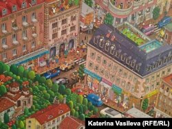  Част от илюстрацията „ Лабиринтът на София “ демонстрира познати здания и разнородни герои 