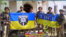 Ukrainian forces hold up flags in celebration of liberating the village of Pyatykhatky in the Zaporizhzhya region on June 19.