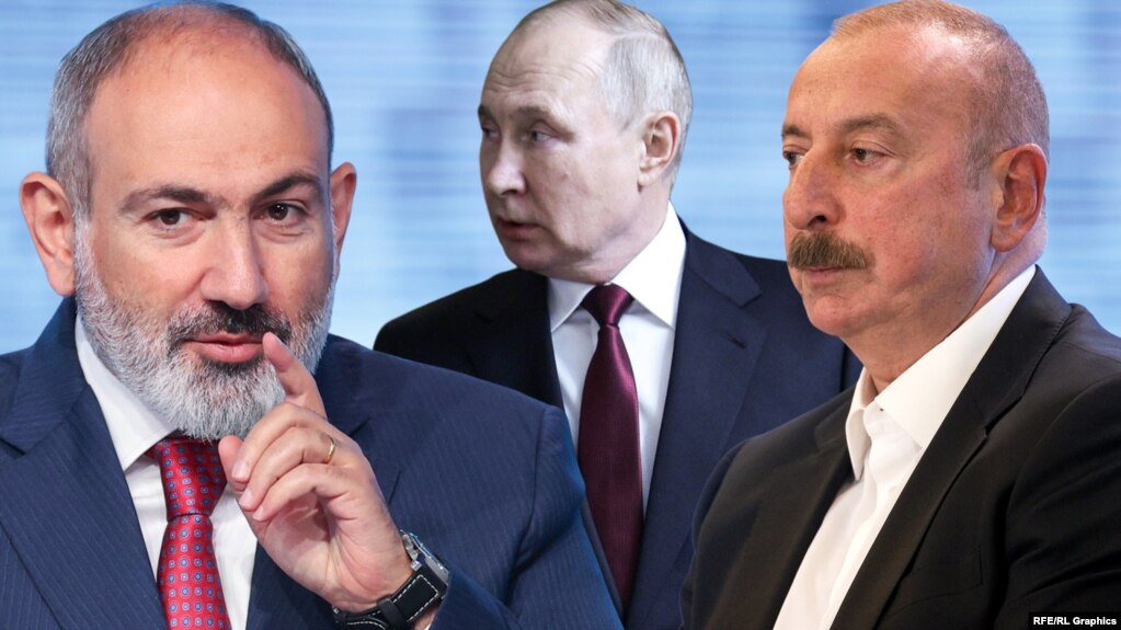Никол Пашинян, Владимир Путин и Ильхам Алиев, коллаж