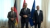 (Left to right) German Chancellor Olaf Scholz, Serbian President Aleksandar Vucic, and European Commission Vice President Maros Sefcovic meet in Belgrade on July 19.