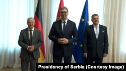 (Left to right) German Chancellor Olaf Scholz, Serbian President Aleksandar Vucic, and European Commission Vice President Maros Sefcovic meet in Belgrade on July 19.