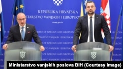 Gordan Grlić Radman (lijevo) i Elmedin Konaković, šefovi diplomatije Hrvatske i BiH, Zagreb, 21. veljače 2023. 