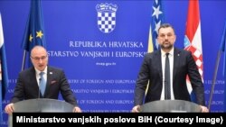 Gordan Grlić Radman (lijevo) i Elmedin Konaković, šefovi diplomatije Hrvatske i BiH, Zagreb, 21. februar 2023. 
