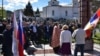 People take part in a "Day of Russian Volunteers" event in Visegrad on April 12, commemorating Russians who died fighting on the side of Bosnian Serbs in the 1992-1995 Bosnian War. 