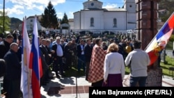 People take part in a "Day of Russian Volunteers" event in Visegrad on April 12, commemorating Russians who died fighting on the side of Bosnian Serbs in the 1992-1995 Bosnian War. 