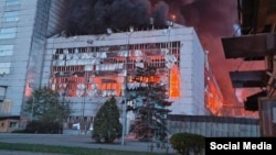 A social media image shows the burning Tripilska Thermal Power Plant -- the largest supplier of electricity to the Kyiv, Cherkasy, and Zyhtomr regions -- burning on April 11 following a targeted Russian missile attack.