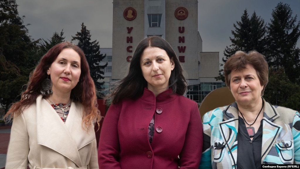 Албена Макарова, Татяна Иванова и Мина Хубенова. На фона се вижда сградата на УНСС. Колаж