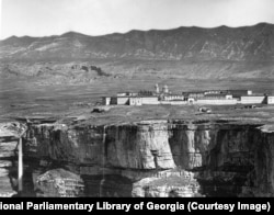 The Kunzakh fortress, a Russian outpost in Daghestan. The military base was built in 1867 around 80 kilometers southwest of Makhachkala. The prominent church inside the fortress was demolished at some point after this photo was taken in the 1880s.