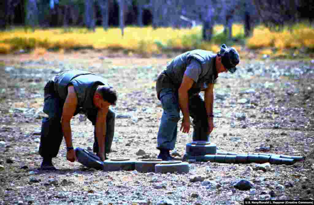 Anti-armor mines The variety of mine was not specified. This image shows M15 anti-tank mines being collected.&nbsp;