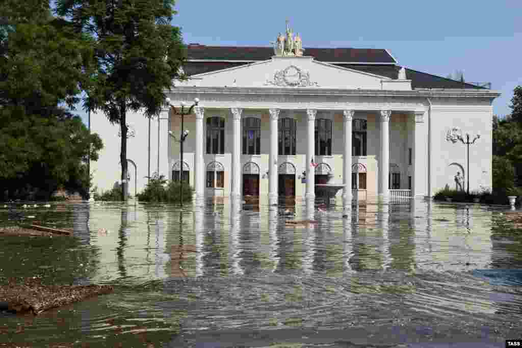 The community center in Nova Kakhovka as floodwaters continue to rise.