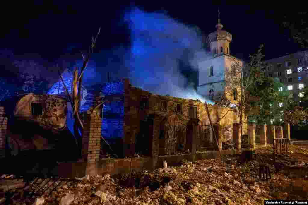 A view shows the site of a deadly Russian missile strike on a residential area in Zaporizhzhya, Ukraine, on August 9.