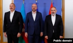 EU Council President Charles Michel (center) meets the leaders of Armenia and Azerbaijan in Brussels on July 15. Many in Baku argue that the United States and European Union have disqualified themselves by not being neutral brokers in the conflict.