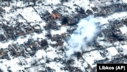 Vedere aeriană a orașului Bahmut, locul unde au loc lupte grele cu trupele rusești în regiunea Donețk, Ucraina, 14 februarie 2023