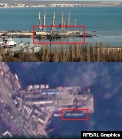 Вверху: остатки БДК "Новочеркасск" после украинского удара по порту Феодосии. Внизу: "Новочеркасск" в порту на спутниковом снимке. Как следует из анализа спутниковых фотографий, корабль прибыл в порт между 14 и 28 ноября 2023 года.