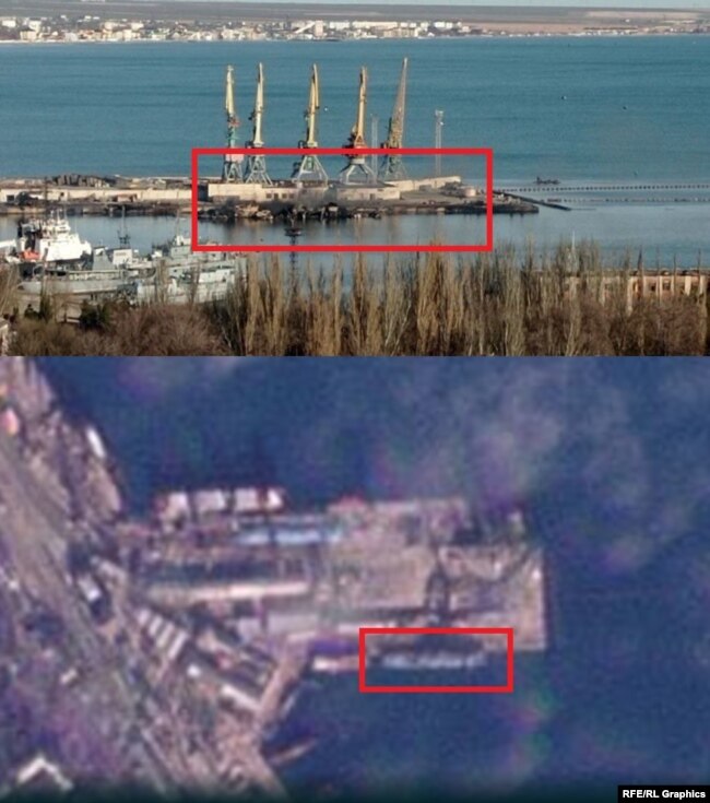 Sipër: mbetjet e anijes zbarkuese Novocherkassk pas sulmit ukrainas në portin e Feodosia. Më poshtë: Novocherkassk në port në një imazh satelitor. Siç rezulton nga analiza e fotografive satelitore, anija mbërriti në port midis 14 dhe 28 nëntor 2023.