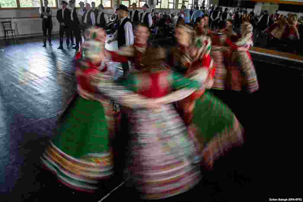 Hungarian folk dancers perform at a cultural event in Budapest.&nbsp;