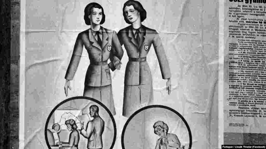 Egy szintén 1942-ből származó plakát a Honvédelmi Munkaszervezet híradós csoportját hirdeti a nőknek (természetesen önkéntes munkaként)