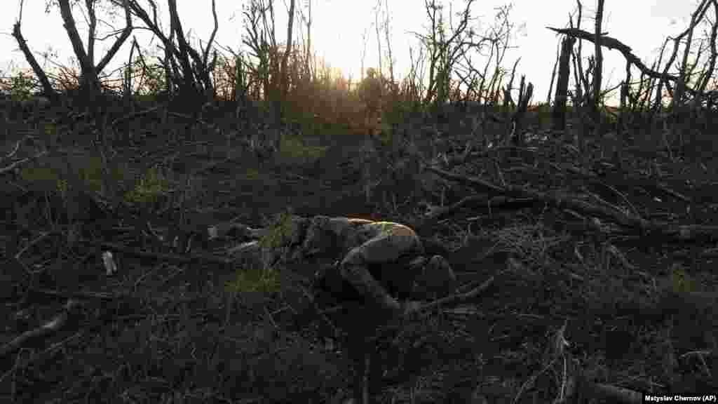 Ukrajinski vojnik prolazi pored beživotnih tijela svojih drugova. Ovaj dio mrtve šume -- nekoliko desetina drveća širok i 2 kilometra dugačak -- prema jednako mrtvom selu Andrijivka jedan je od bezbroj sličnih na putu za Bahmut koji kontroliše Rusija. Istočni grad, koji se nalazi u Donjeckoj oblasti, dobio je ogroman simbolički značaj u ukrajinskoj kontraofanzivi.