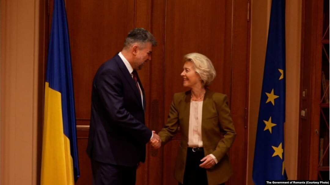 Premierul român, Marcel Ciolacu, și președintele Comisiei Europene, Ursula von der Leyen