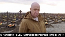 RUSSIA – Yevgeny Prigozhin at a cemetery for fallen PMC Wagner fighters in the settlement of Goryachiy Klyuch in the southern Russian Krasnodar region. Screenshot from the video that was released on April 6, 2023