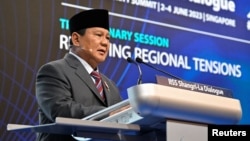 Indonesia's president-elect, Prabowo Subianto, speaks in June 2023 at a plenary session of the 20th IISS Shangri-La Dialogue. (file photo) 