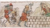Мстислав закладывает церковь Богородицы в Тмутаракани в 1022 году. Миниатюра из Радзивилловской летописи, XV в.