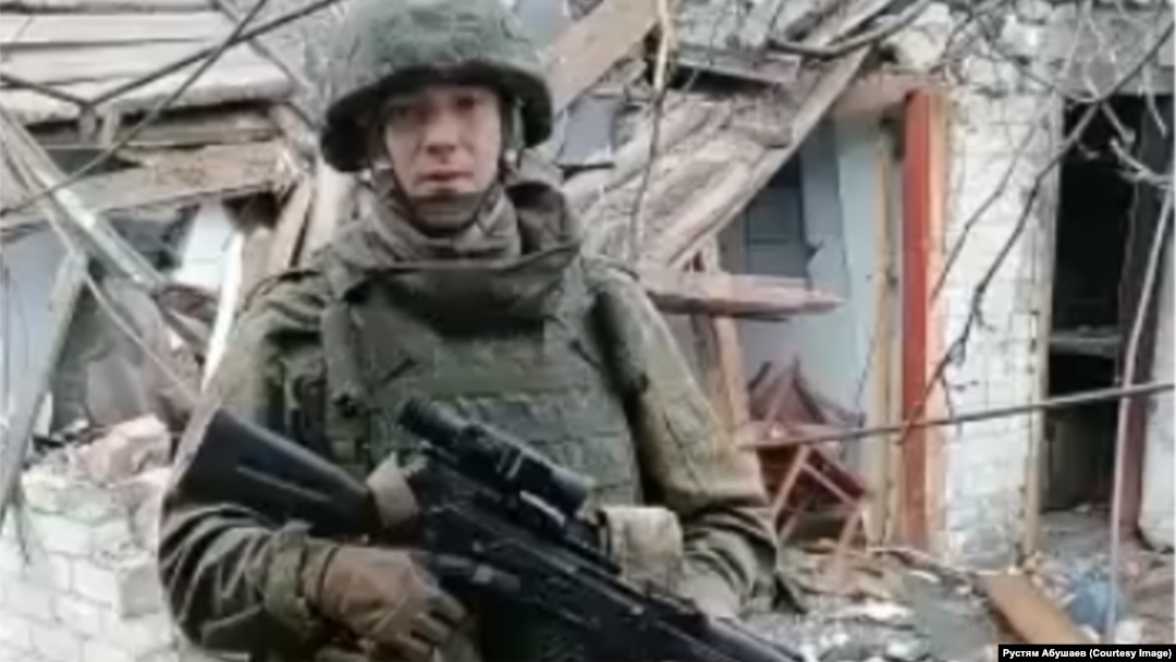 Rustyam Abushaev posted a video of himself in combat gear amid the ruins of a residential area that had been leveled by fighting.