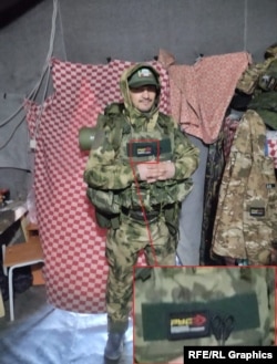In a photo posted on VK on April 18, Daniil Smatrov is shown wearing camouflage fatigues with a chest patch reading "To Kyiv," standing in front of a tent bearing the RUS logo.