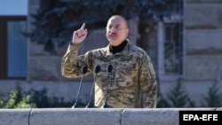 Azerbaijani President Ilham Aliyev presides over a military parade in Stepanakert (Xankendi), the capital of Nagorno-Karabakh, on Nov. 8, 2023. The parade took place after Azerbaijani armed forces gained full control of the region following a brief offensive in September 2023.