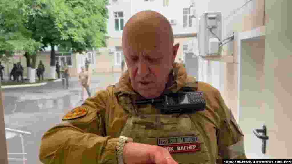 A video grab purporting to show Prigozhin inside the headquarters of the Russian southern military district on June 24.&nbsp; Prigozhin claimed on June 23 that a Wagner camp in Ukraine had been hit &ldquo;from the rear&rdquo; by a missile and accused the Russian military of carrying out the strike.