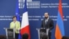 Armenian Foreign Minister Ararat Mirzoyan (R) and French Minister for Europe and Foreign Affairs Catherine Colonna at a joint press conference in Yerevan, April 28, 2023.