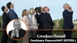 Колаж на Стефан Попов и лидерите на страните от Г-7