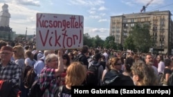 Protesters rally in support of teachers in Budapest on May 19. 