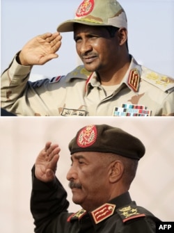 Мохамед Хамдан Дагло (горе), лидер на Силите за бърза подкрепа (СБП), направена на 15 юни 2019 г. в село Кари, и снимка от 05 декември 2022 г. на началника на суданската армия Абдел Фатах ал-Бурхан, който отдава чест по време на церемонията по подписването на първоначално споразумение с гражданските лидери, което цели да сложи край на дълбоката политическа криза.