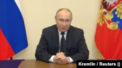 Президент России Владимир Путин выступает после атаки на «Крокус Сити Холл», 23 марта 2024 года.