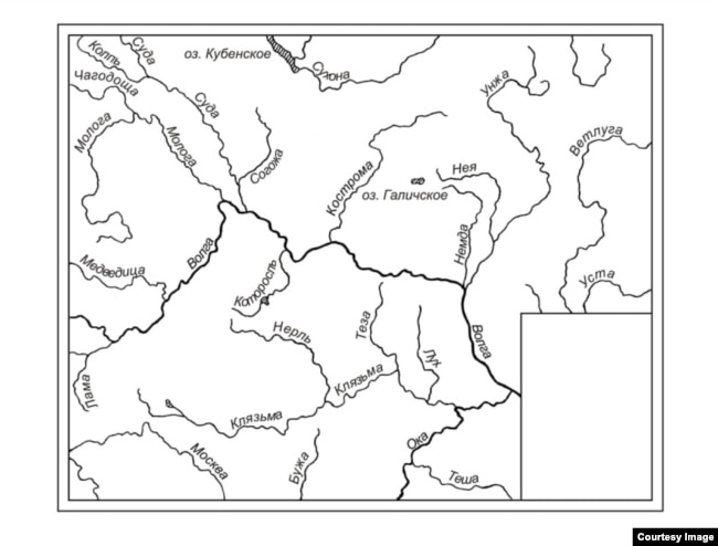 "Исторические мерянские земли". Карта из книги "Субстратная топонимия Русского Севера" лингвиста Александра Матвеева.