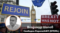 Колаж с автора Владимир Шопов на фона на протест с искания за връщане на Великобритания в ЕС