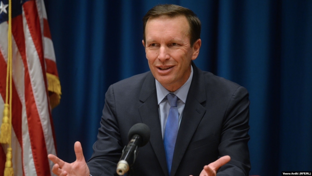 U.S. Senator Chris Murphy speaks at a press conference in Belgrade on May 25.