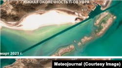 Cпутниковые снимки туркменского побережья Каспийского моря, показываюn стремительный темп обмеления