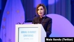 Maia Sandu susține un discurs la reuniunea dedicată bugetului anual al UE de la Bruxelles, 29 aprilie.