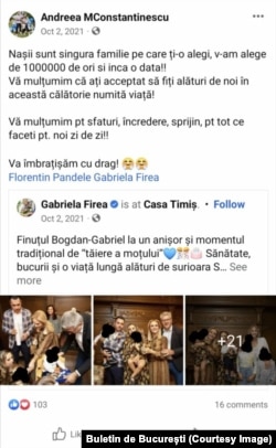 Andreea și Bogdan Constatinescu, mesaj pe Facebook pentru nașii Florentin Pandele și Gabriela Firea.
