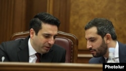 Armenia - Speaker Alen Simonian (left) chairs a session of the Armenian parliament, Yerevan, February 6, 2024.