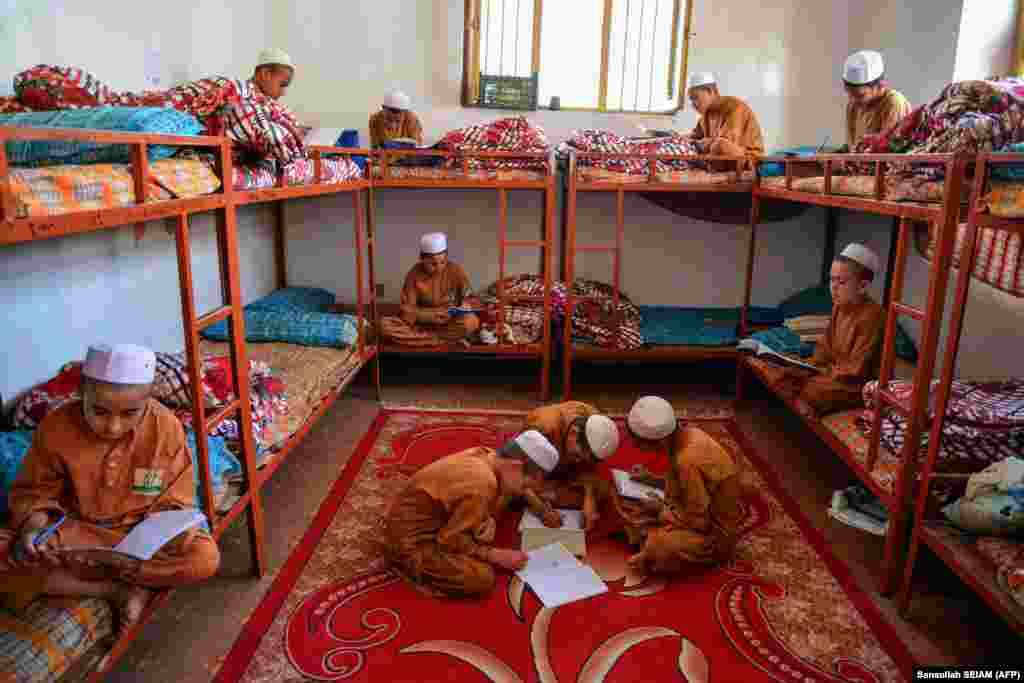 Orphaned Afghan boys study at the Sheikh Zayed orphanage in Kandahar.