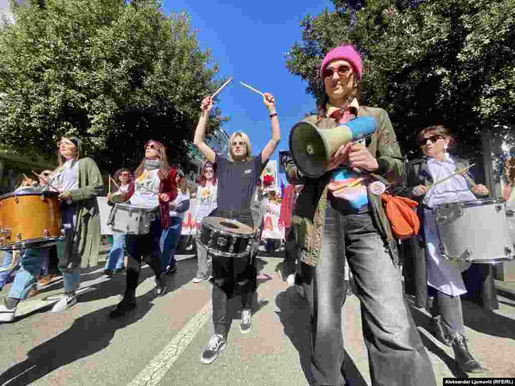 Women also made their voices and their instruments heard as they marched in&nbsp;Podgorica.