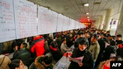 Люди, просматривающие объявления о вакансиях на ярмарке вакансий в Тенчжоу, в восточной китайской провинции Шаньдун. Февраль 2019-го