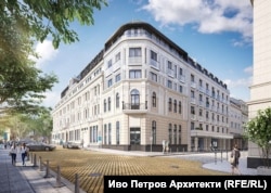  Симулация на застроената постройка на кафене „ България “ по проекта на „ Иво Петров Архитекти “. 