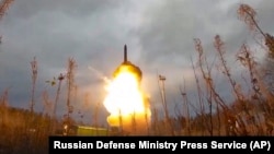 Russia test-fires a Yars intercontinental ballistic missile as part of nuclear drills from a launch site in Plesetsk, northwestern Russia, in 2022.