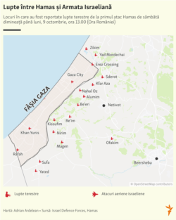 Armata Israeliană a anunțat că a preluat controlul asupra tuturor comunităților unde se aflau militanți Hamas. De luni dimineață nu mai au loc lupte între trupele Forțelor de Apărare Israeliene și Hamas în interiorul Israelului, transmit autoritățile militare israeliene. Anunțul vine la mai mult de 48 de ore după ce Hamas a lansat un atac surpriză cu mii de rachete și a trimis luptători peste graniță într-un atac care a luat prin surprindere armata israeliană și serviciile de informații.