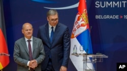 Kancelari gjerman, Olaf Scholz në konferencë të përbashkët për media me presidentin serb, Aleksandar Vuçiq në Beograd.